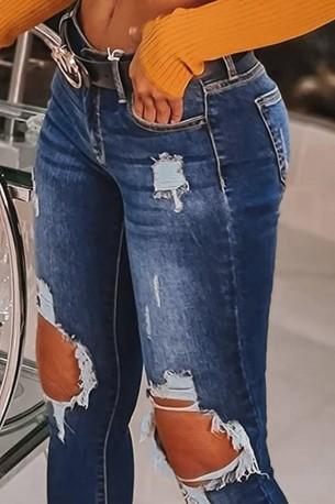 Modre raztrgane ozke kavbojke z visokim pasom v stiski Danna