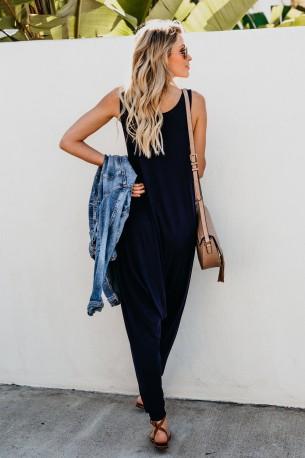 Modri ​​kombinezon  dizajn harem brez rokavov  in žepki Hanna