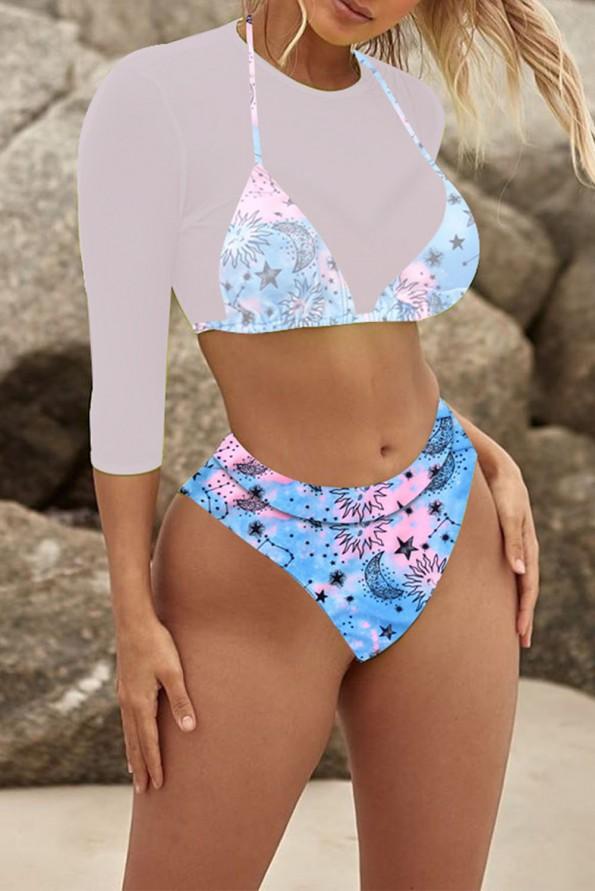 Modri ​​tridelni bikini s trikotnikom s 3/4 rokavi Kiana