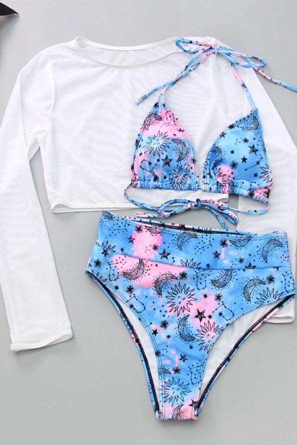 Modri ​​tridelni bikini s trikotnikom s 3/4 rokavi Kiana