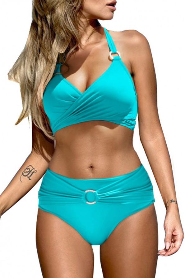 Nebeško moder komplet bikini z visokim pasom in  in okrasnim krogcem Denisse