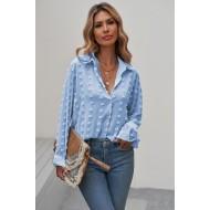 Nebesno modra majica z dolgimi rokavi v obliki mehkih pikčastih pik Giavanna