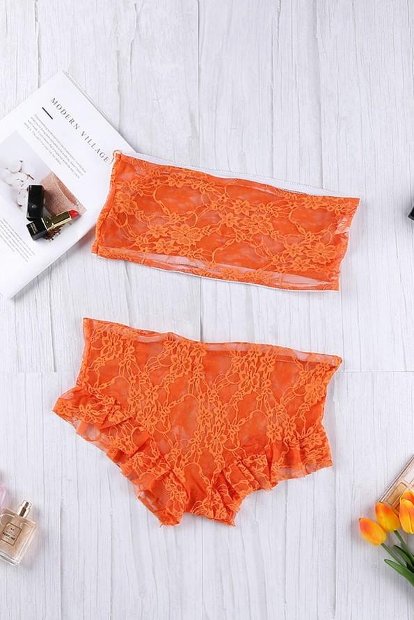 Oranžen čipkast komplet spodnjega perila Kensley s cvetličnim motivom
