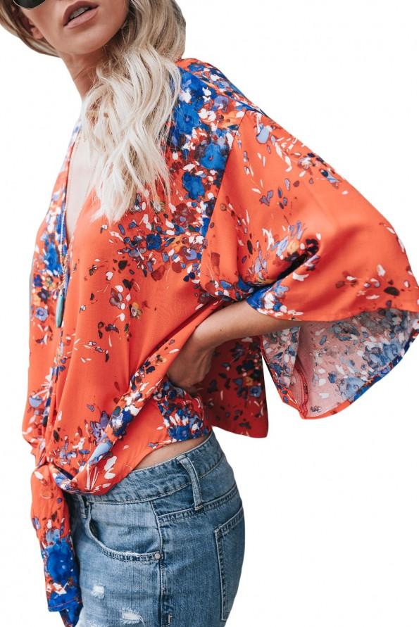 Oranžna kimono bluza Ainhoa s cvetličnim vzorcem