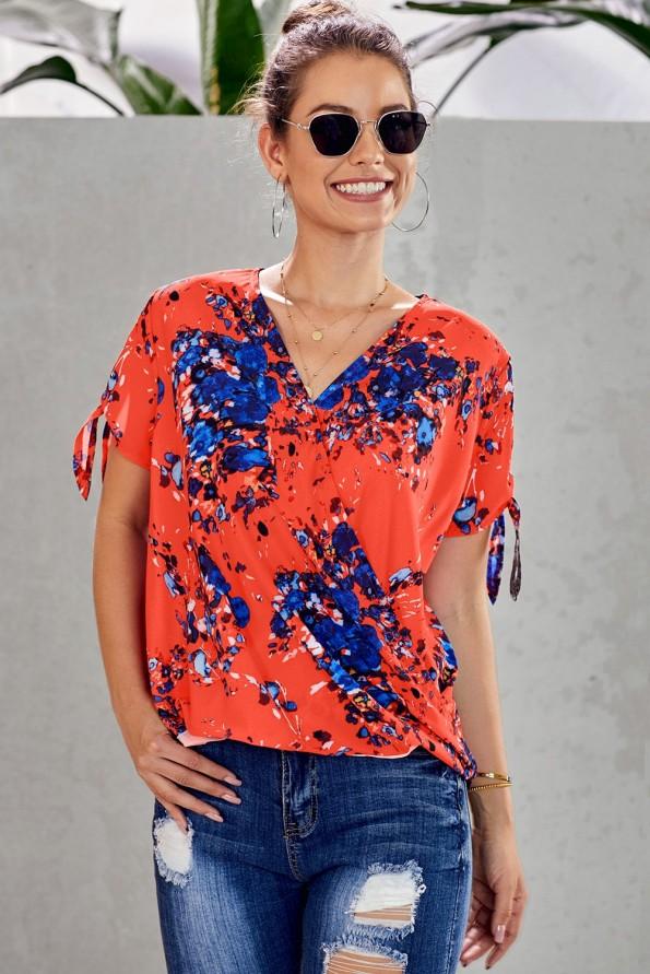 Oranžna preklopna bluza Cadence s cvetličnim potiskom