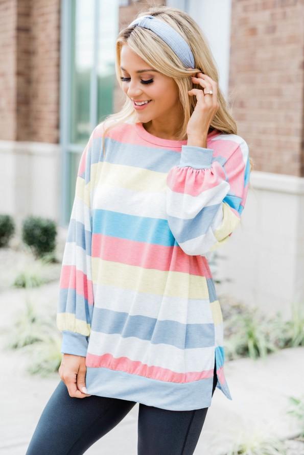 Oranžni črtasti pulover z dolgimi rokavi Colorblock