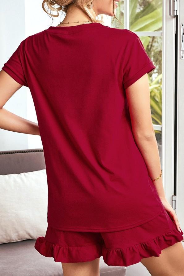 Rdeč komplet Paige z valovitimi kratkimi hlačami in majico