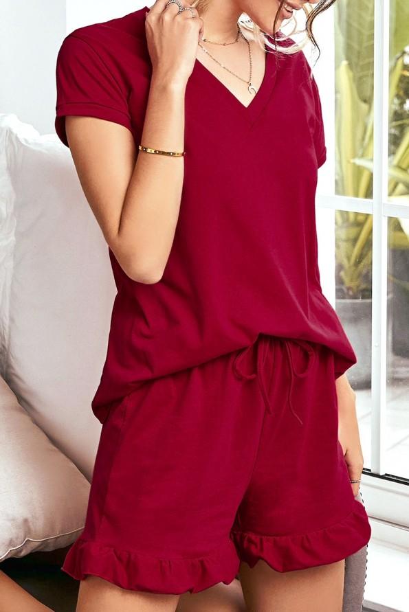 Rdeč komplet Paige z valovitimi kratkimi hlačami in majico