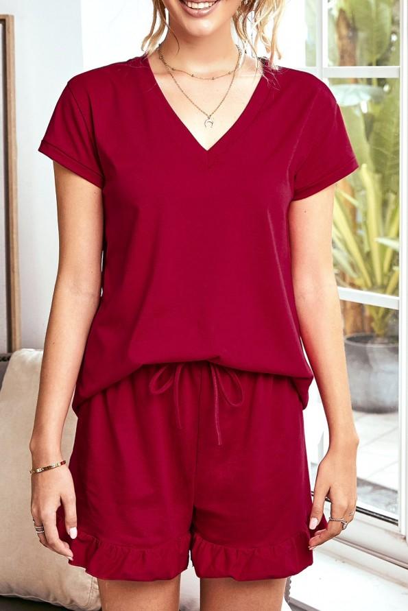 Rdeč komplet Paige z valovitimi kratkimi hlačami in majico