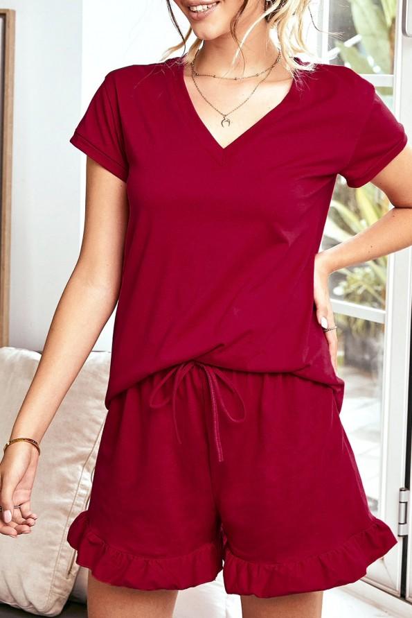Rdeč komplet Paige z valovitimi kratkimi hlačami in majico