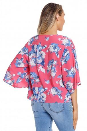Rdeča bluza Annika s cvetličnimi vzorci in kimono rokavi