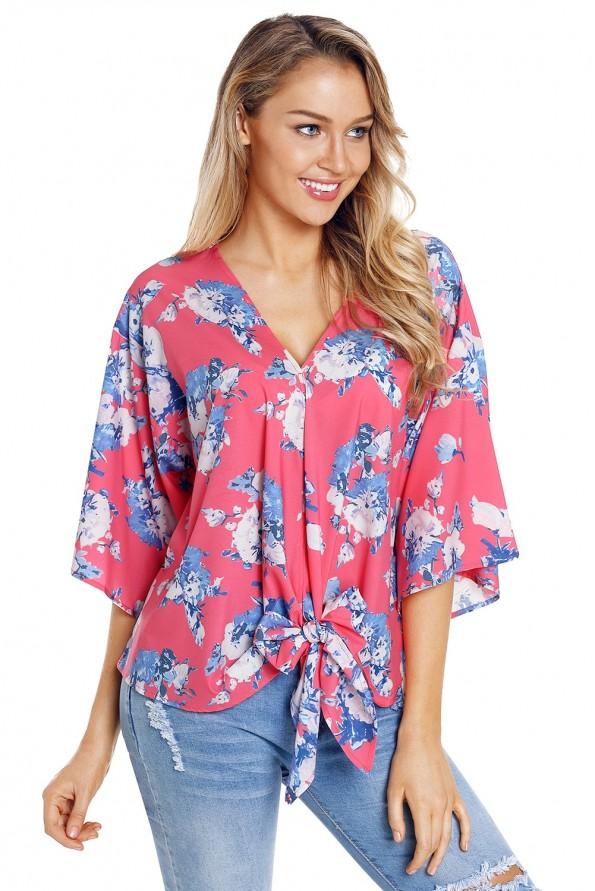 Rdeča bluza Annika s cvetličnimi vzorci in kimono rokavi