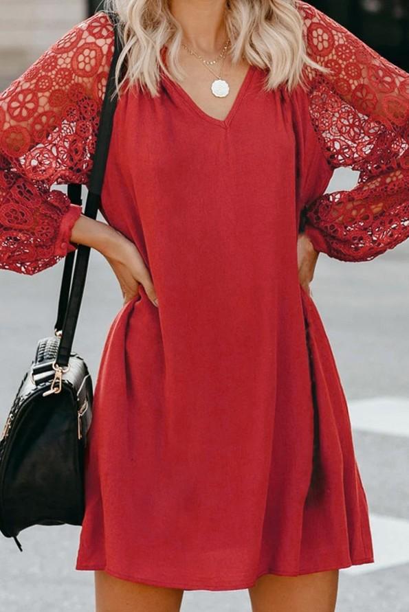 Rdeča čipkasta obleka Aaliyah do kolen