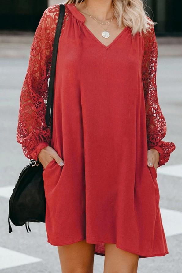 Rdeča čipkasta obleka Aaliyah do kolen