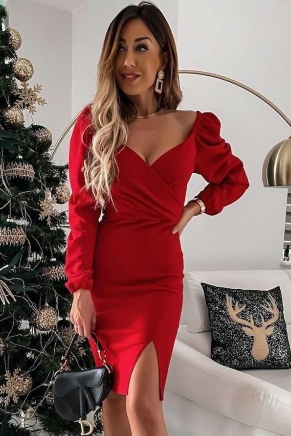 Rdeča oprijeta elegantna obleka z razrezom Iva