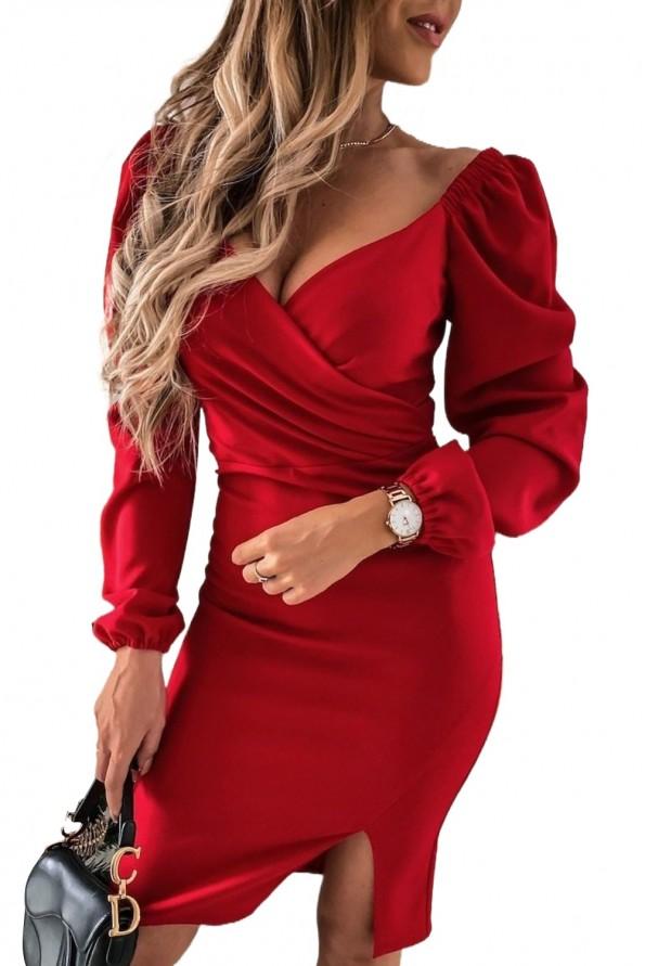 Rdeča oprijeta elegantna obleka z razrezom Iva
