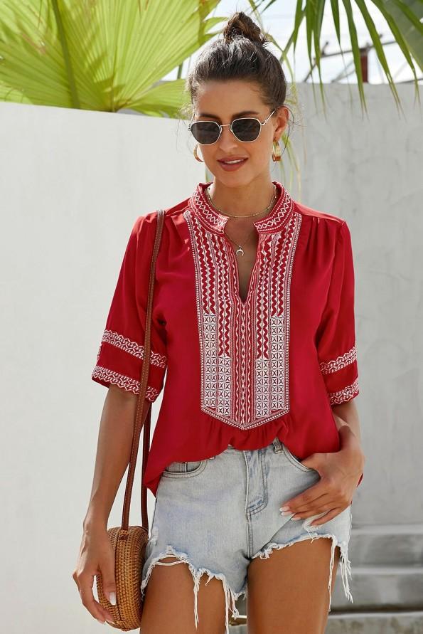 Rdeča priložnostna bluza Katelyn z vezenim vzorcem