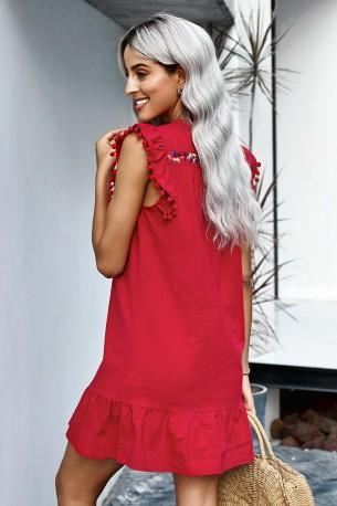 Rdeča Shift obleka Naomi s pomponi na rokavih
