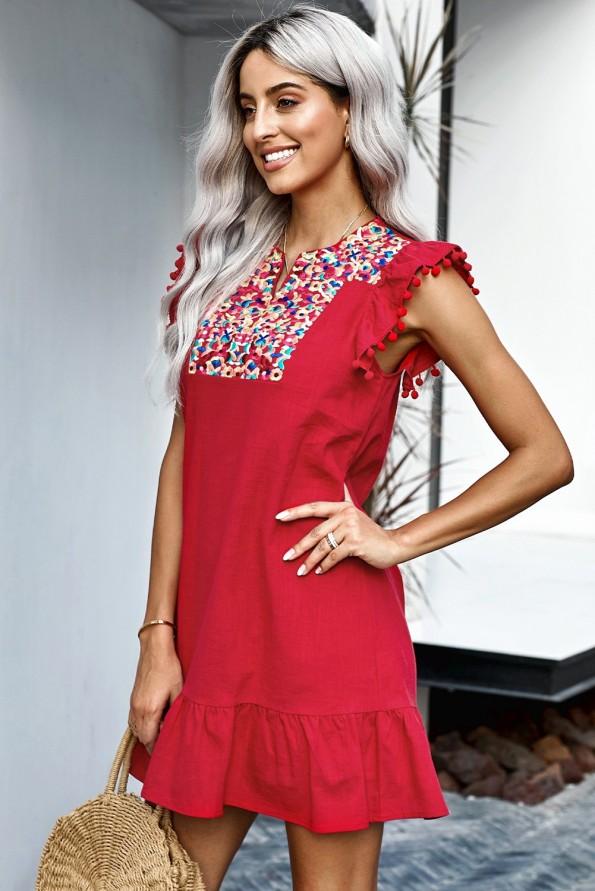 Rdeča Shift obleka Naomi s pomponi na rokavih