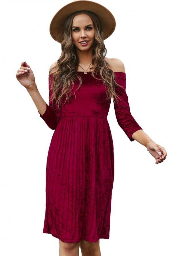 Rdeča žametna obleka Bailee z golimi rameni