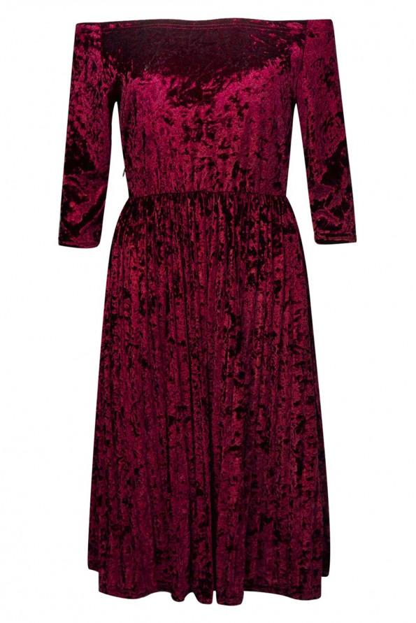 Rdeča žametna obleka Bailee z golimi rameni
