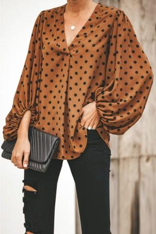 Rjava bluza Camila s pikčastim vzorcem in širokimi rokavi