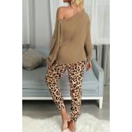 Rjava ohlapna majica in hlače z leopardjim potiskom komplet Lydia