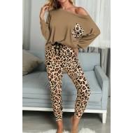 Rjava ohlapna majica in hlače z leopardjim potiskom komplet Lydia