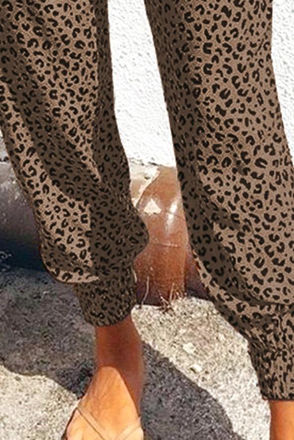 Rjave udobne hlače Nicole z leopardjim motivom