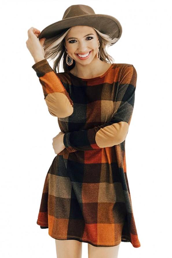 Rjavo karirasta mini obleka Parker z okroglim ovratnikom