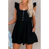 Črna kratka obleka z žepki na ramenih Flutter