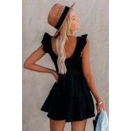 Črna kratka obleka z žepki na ramenih Flutter