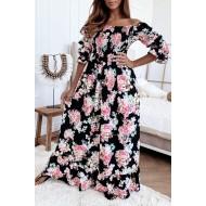 Črna maksi obleka z visokim pasom s cvetličnim potiskom Dory