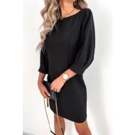 Črna mini obleka z visokim pasom brez hrbta s pentljo z rokavi 3/4