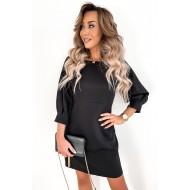 Črna mini obleka z visokim pasom brez hrbta s pentljo z rokavi 3/4