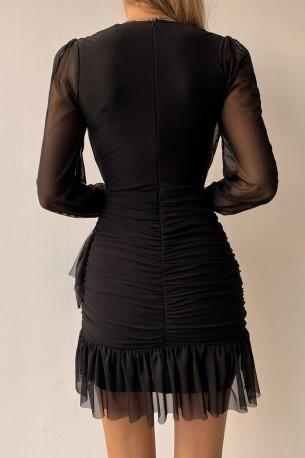 Črna mini obleka z volanom in z V izrezom Lina