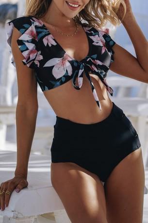 Črne bikini kopalke z naborki in z visokim pasom Viola