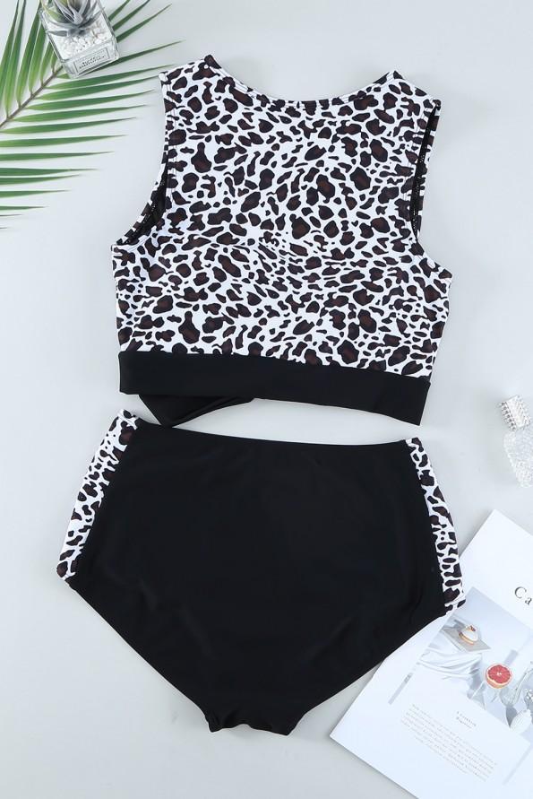 Črne bikini kopalke z visokim pasom v obliki patchwork Jana