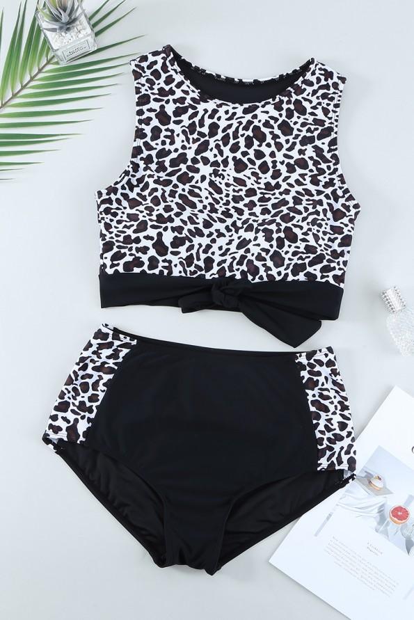 Črne bikini kopalke z visokim pasom v obliki patchwork Jana