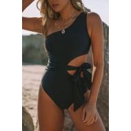 Črne enodelne kopalke z izrezom z eno ramo Tea