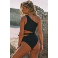 Črne enodelne kopalke z izrezom z eno ramo Tea