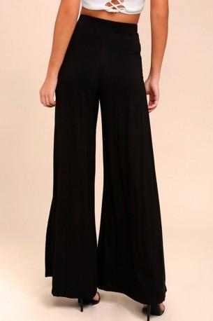 Črne široke hlače s srednjim pasom s stranskimi režami Vanessa