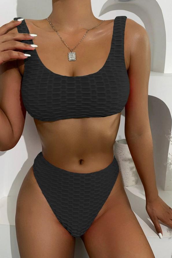 Črni rebrasti bikini z nazobčanimi robovi Gianna