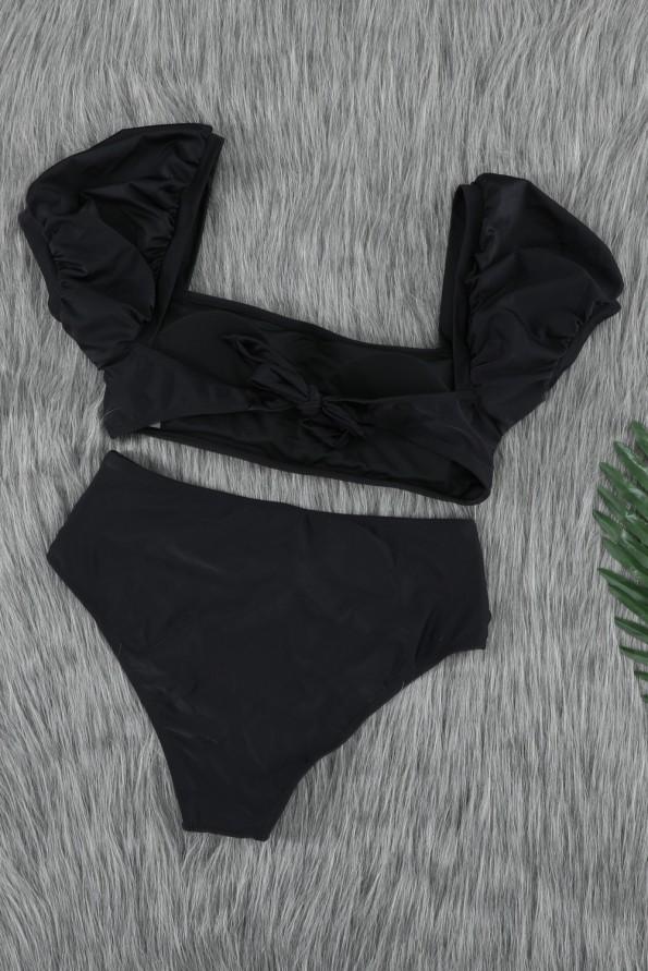 Črni seksi bikini z visokim pasom in ramenskimi mehurčki Lola