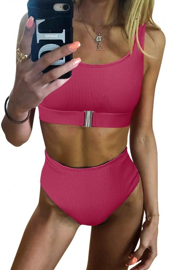 Roza bikini Renata s sprednjo zaponko in visokim pasom