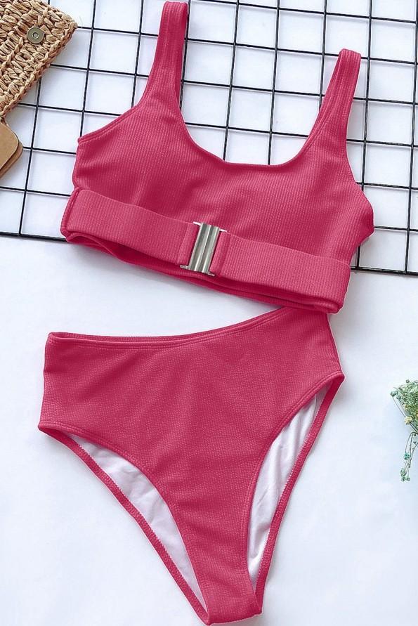 Roza bikini Renata s sprednjo zaponko in visokim pasom