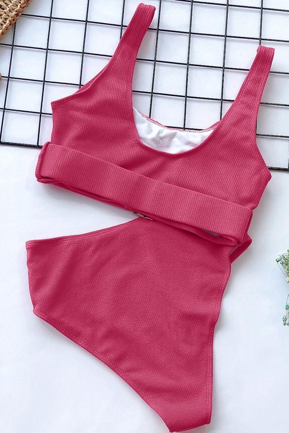 Roza bikini Renata s sprednjo zaponko in visokim pasom