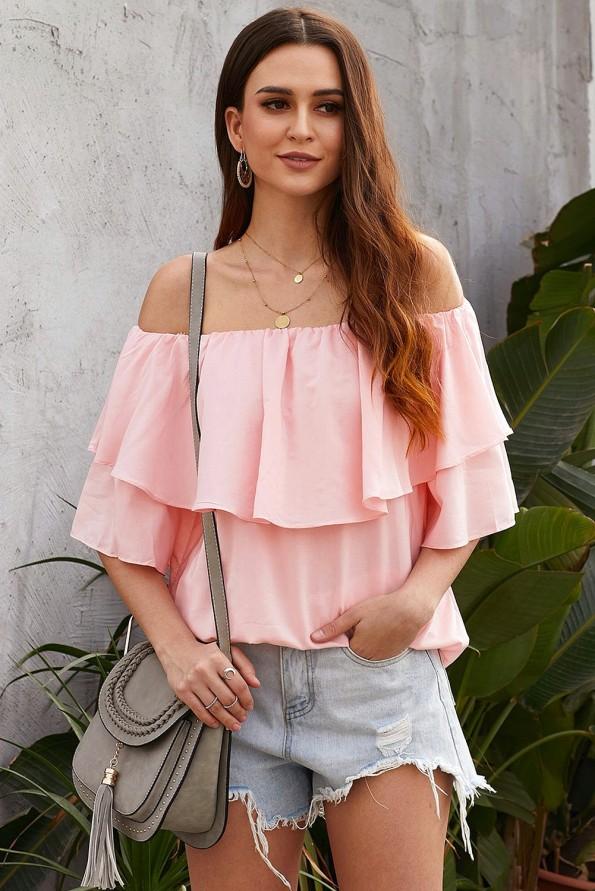 Roza bluza Arielle z odprtimi rameni in volančki