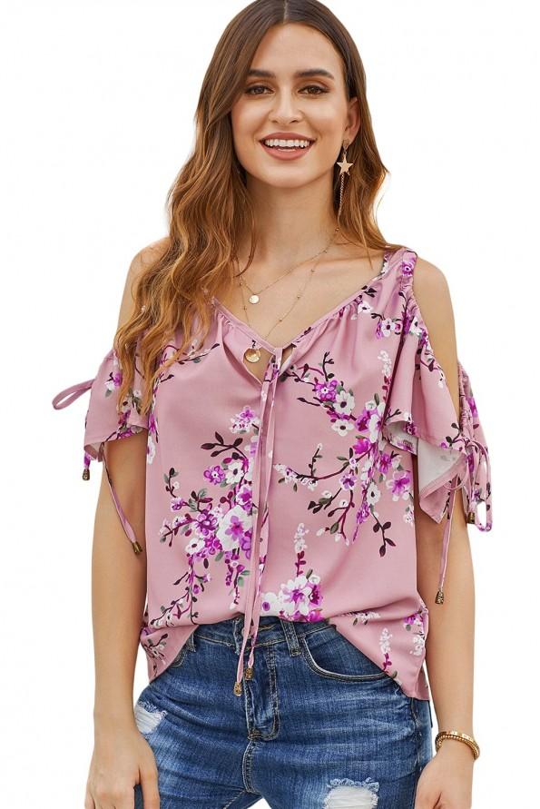 Roza bluza Jolene z odprtimi rameni