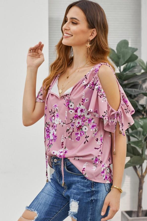 Roza bluza Jolene z odprtimi rameni